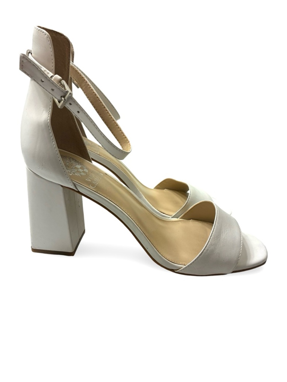 Vince Camuto White Leather Open-Toe Block Heel Sandals with Ankle Strap